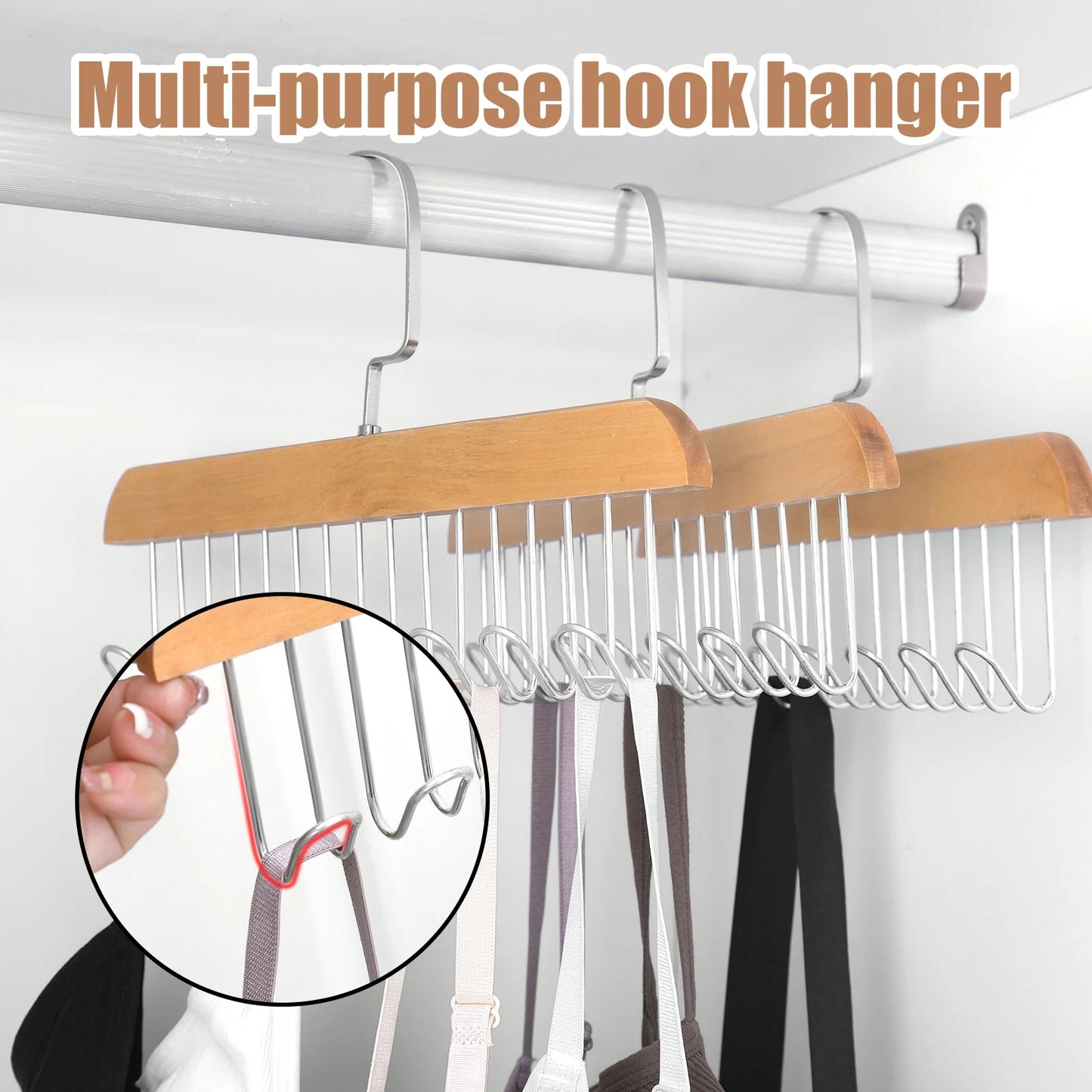 3 Pack Belt and Bra Hangers with Hooks,Space Saving Bra Hangers for Closet and Laundry,360 Degree Rotating Wooden Tie Hanger with 8 Hooks for Tank Top,Jeans,Scarf(Nature)