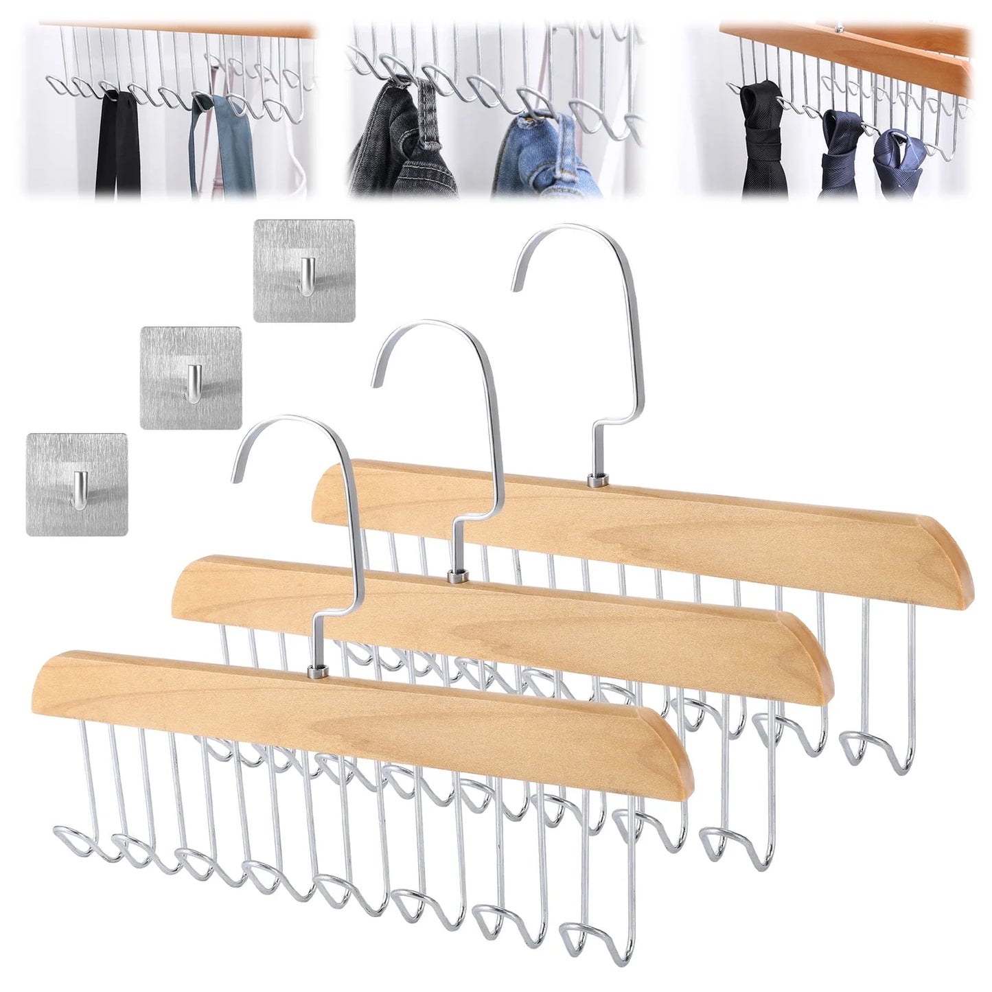 3 Pack Belt and Bra Hangers with Hooks,Space Saving Bra Hangers for Closet and Laundry,360 Degree Rotating Wooden Tie Hanger with 8 Hooks for Tank Top,Jeans,Scarf(Nature)